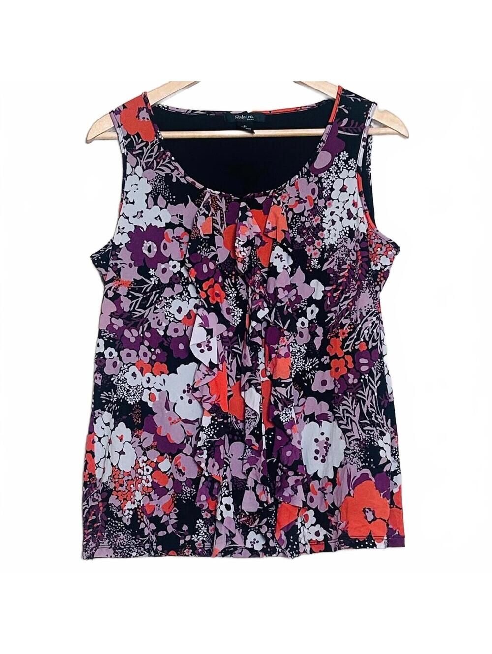 Style & Co Petite Sleeveless Floral Spring Blouse PL Black Multicolor Ruffles